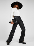 Elegant Wide-Leg Denim Trousers with Paneling and Stud Details • BYMANYC ® New York