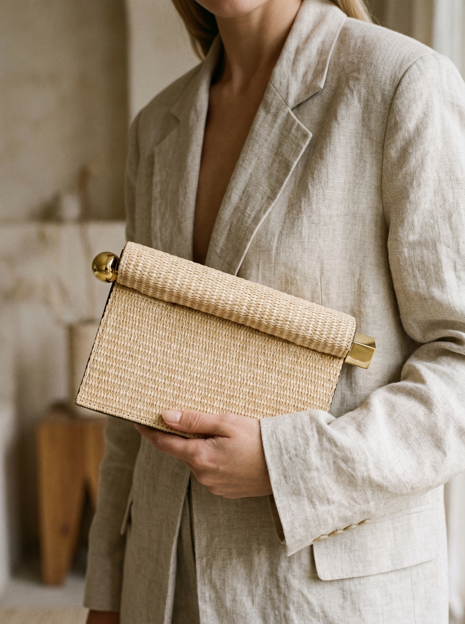 Elegant Woven Straw Foldover Clutch Natural Evening Handbag for Special Occassion
