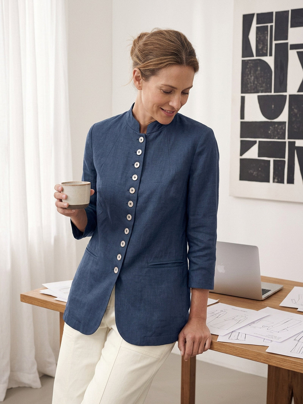 100% Linen Stand Collar Princess Seam Jacket ALIDA