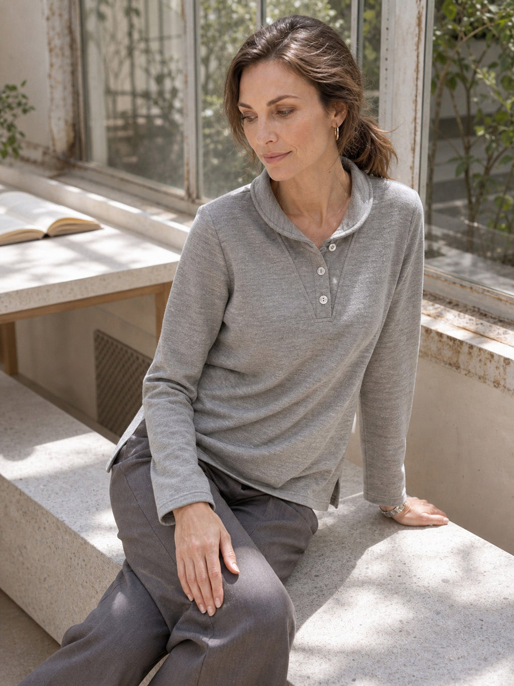 Lyocell Wool Peter Pan Collar Shell Button Knit Top ELIANE