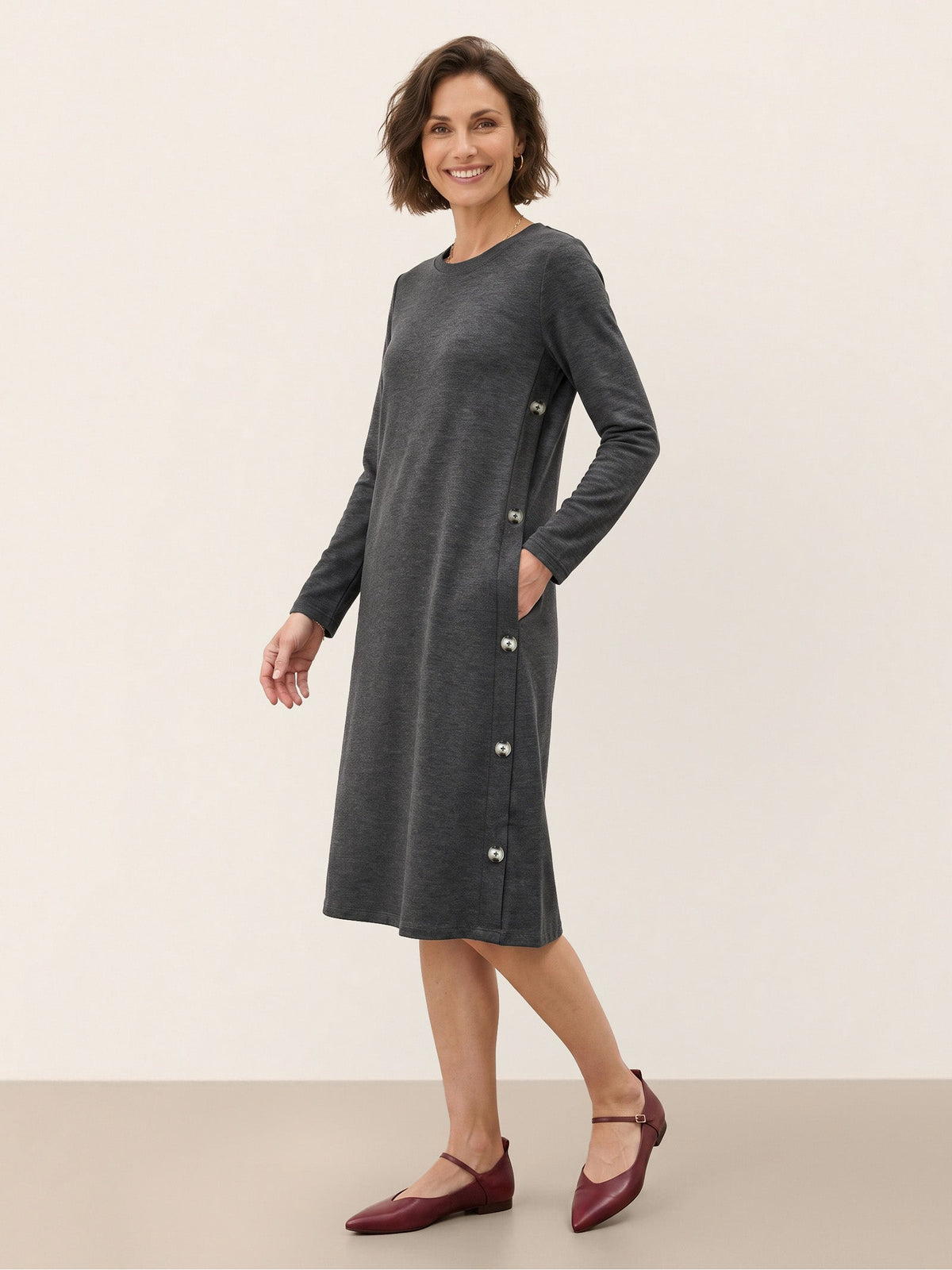 Lyocell Wool Side Button A Line Knit Midi Dress MIRENA