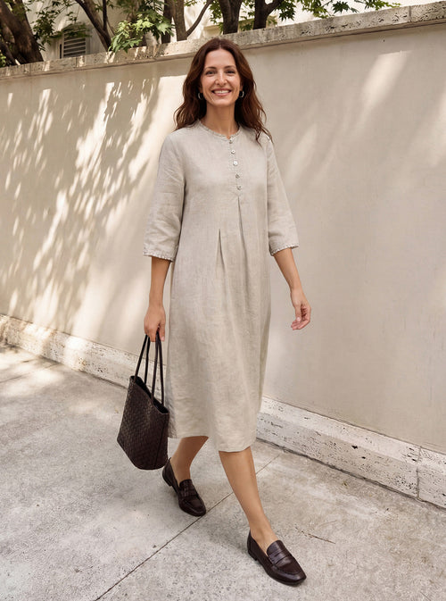 Vestido midi LAVINIA 100% lino con volantes y pliegues invertidos