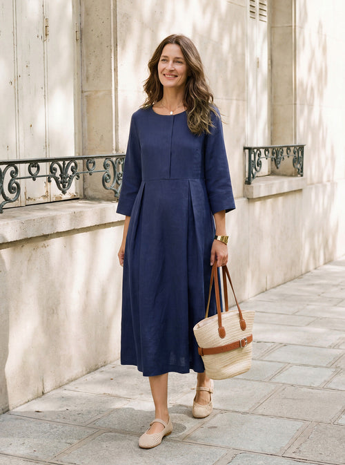 100% Linen Inverted Pleat Waist Button Midi Dress IMARA