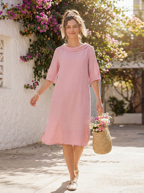 Vestido midi SABRINA 100 % lino con escote barco esculpido y lazo en la espalda