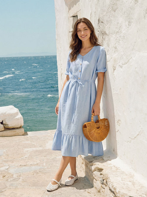 Vestido midi LIVARA con volantes y cinturón de lino 100%