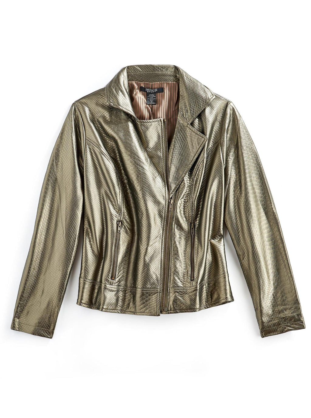 Women's Asymmetrical Zip Metallic Snake Pattern Moto Jacket