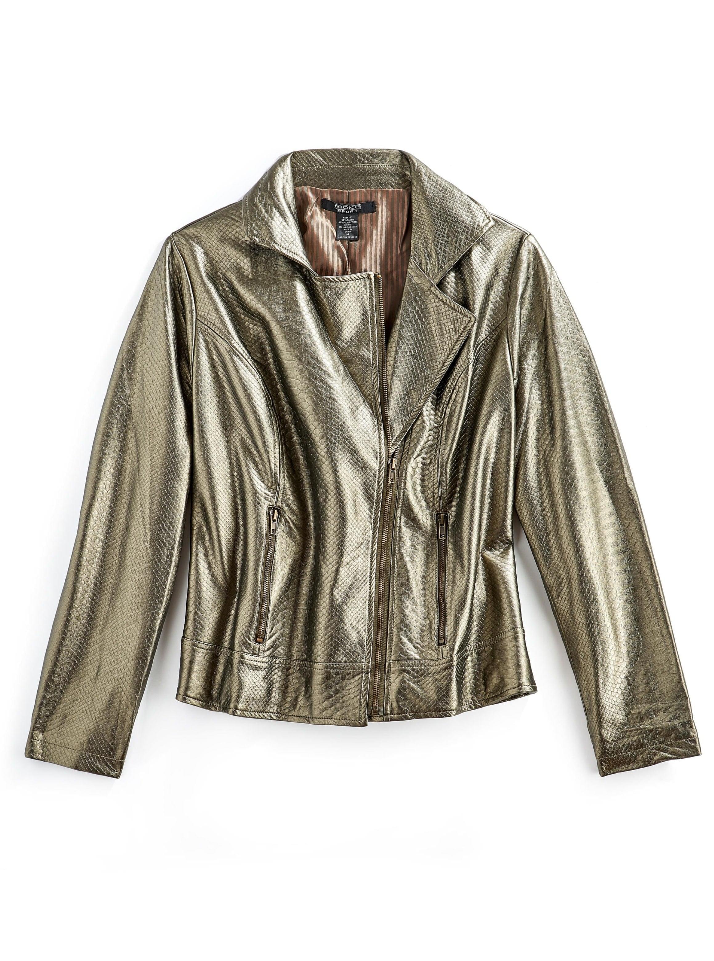 Women's Asymmetrical Zip Metallic Snake Pattern Moto Jacket