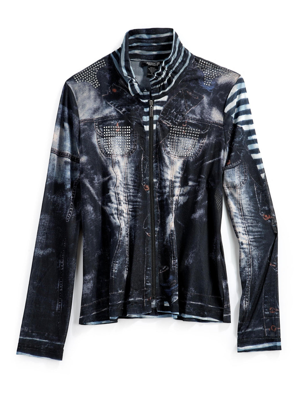 Women's Zip Front Mesh Denim Look Printed Jacket
