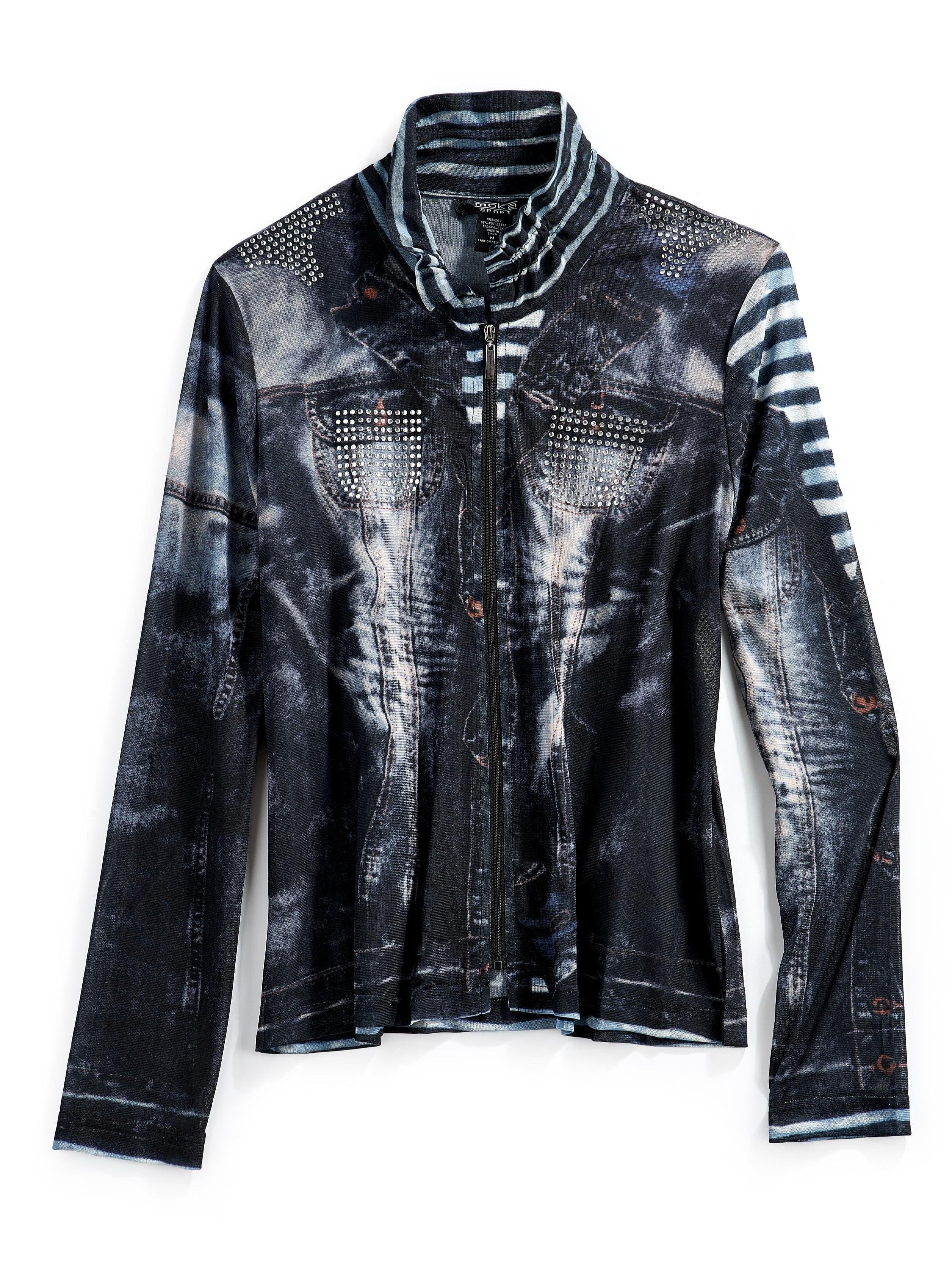 Women's Zip Front Mesh Denim Look Printed Jacket