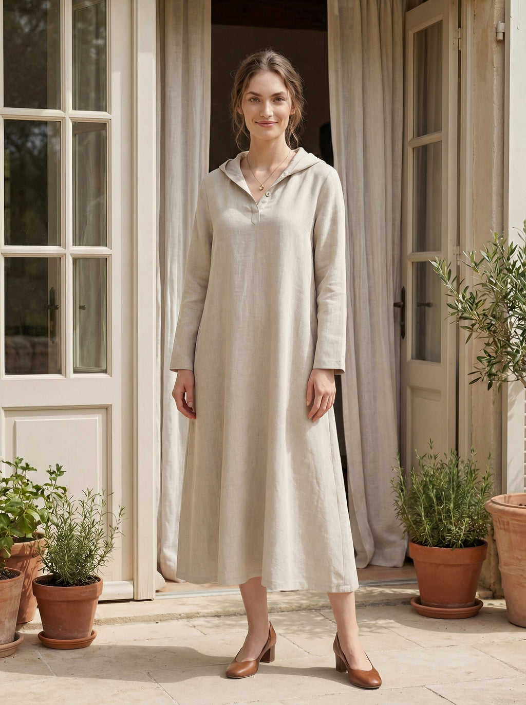 100% Linen Hooded Pullover Maxi Dress REBECCA