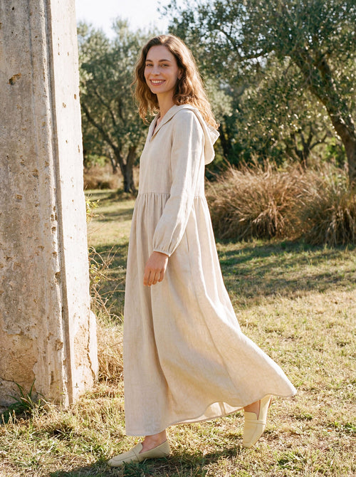 Vestido largo caftán con capucha escultural de lino 100 % LINETTE