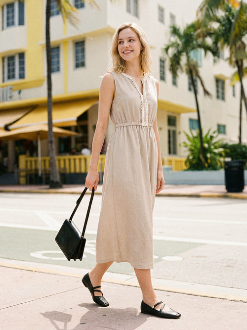 Vestido midi sin mangas con volantes y cintura elástica 100% lino LUCINDA
