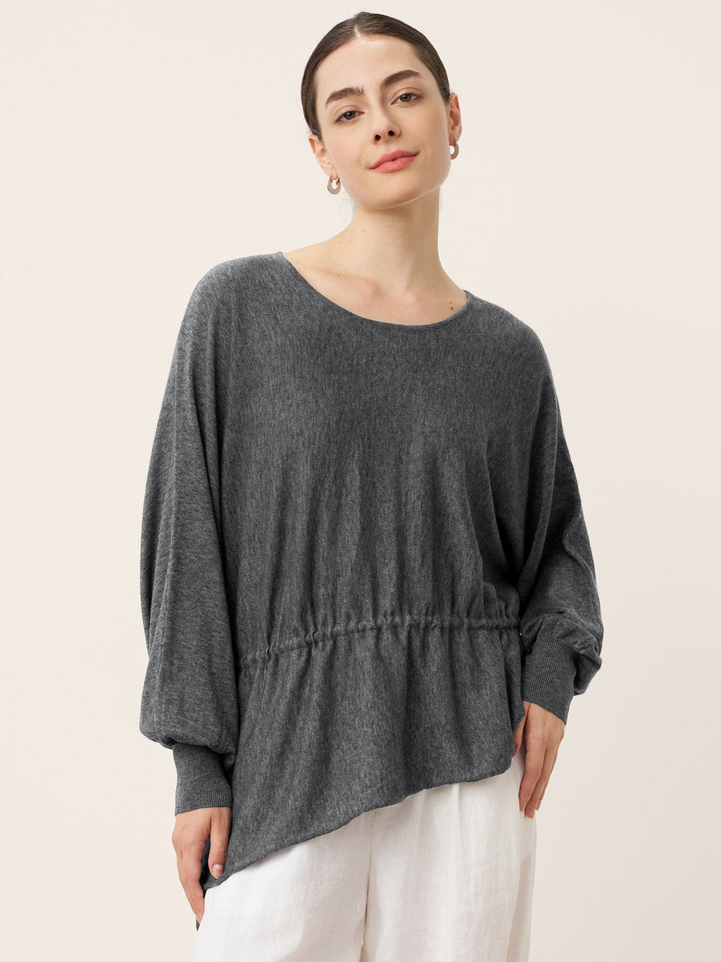 Merino Wool Asymmetric Drawstring Hem Loose Top WREN
