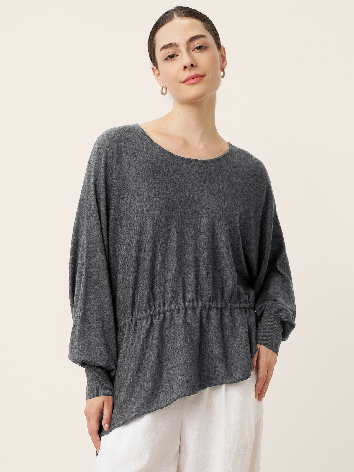 Merino Wool Asymmetric Drawstring Hem Loose Top WREN