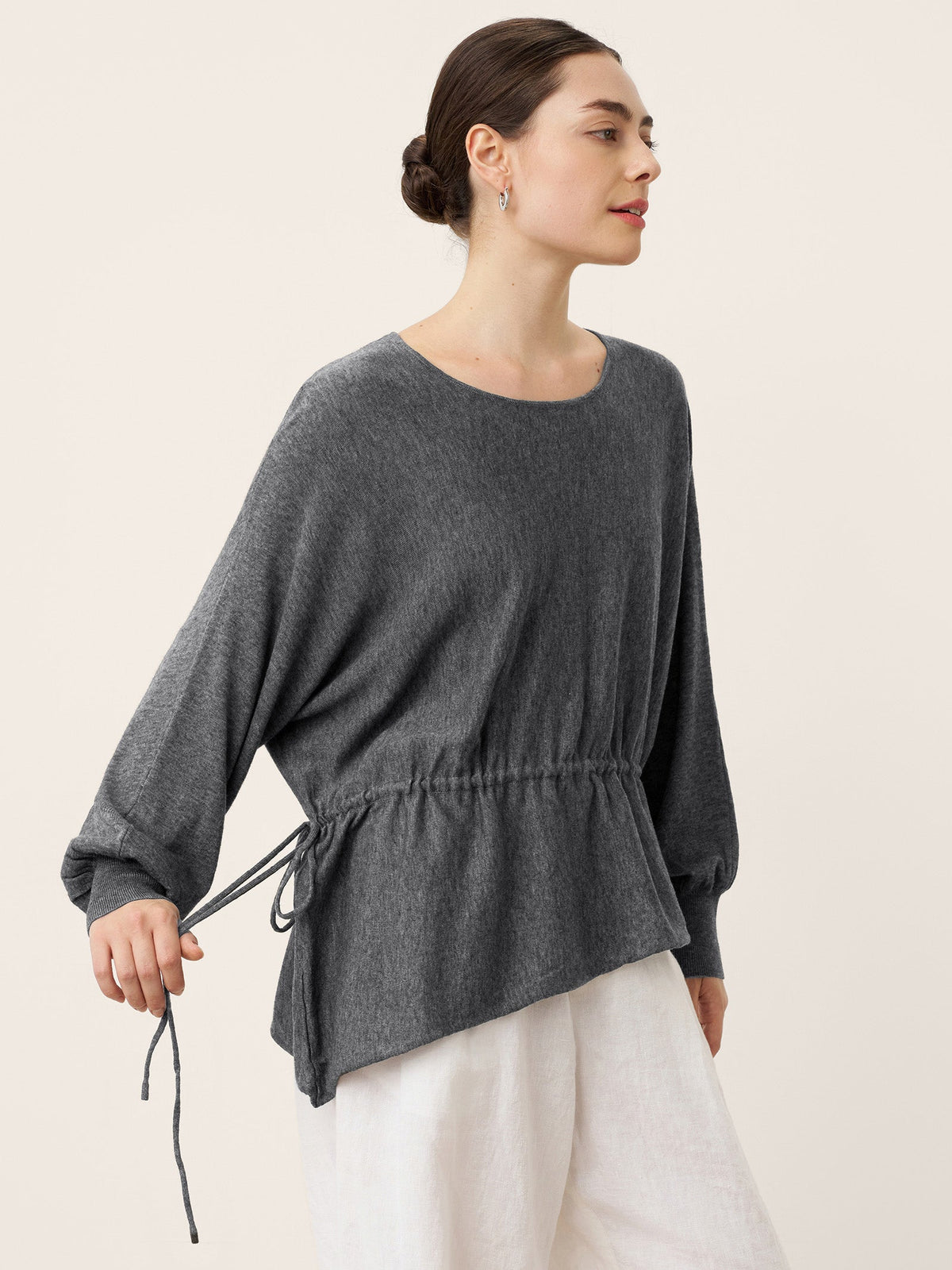 Merino Wool Asymmetric Drawstring Hem Loose Top WREN