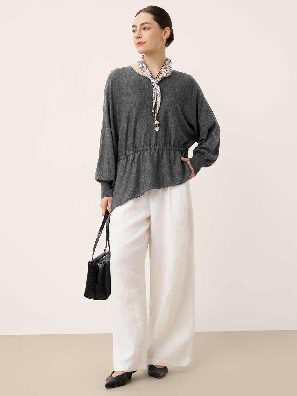 Merino Wool Asymmetric Drawstring Hem Loose Top WREN