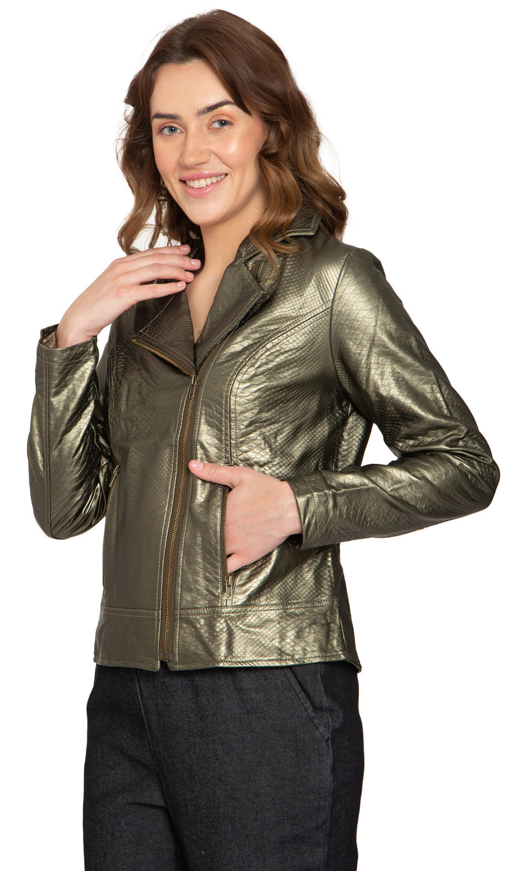 Women's Asymmetrical Zip Metallic Snake Pattern Moto Jacket