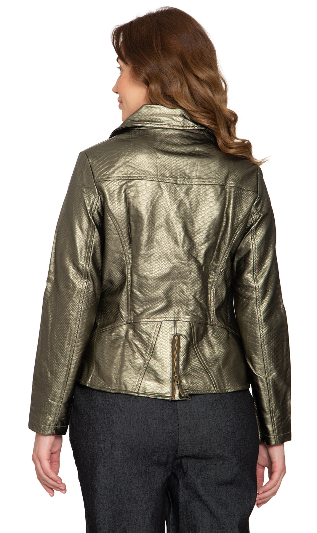 Women's Asymmetrical Zip Metallic Snake Pattern Moto Jacket