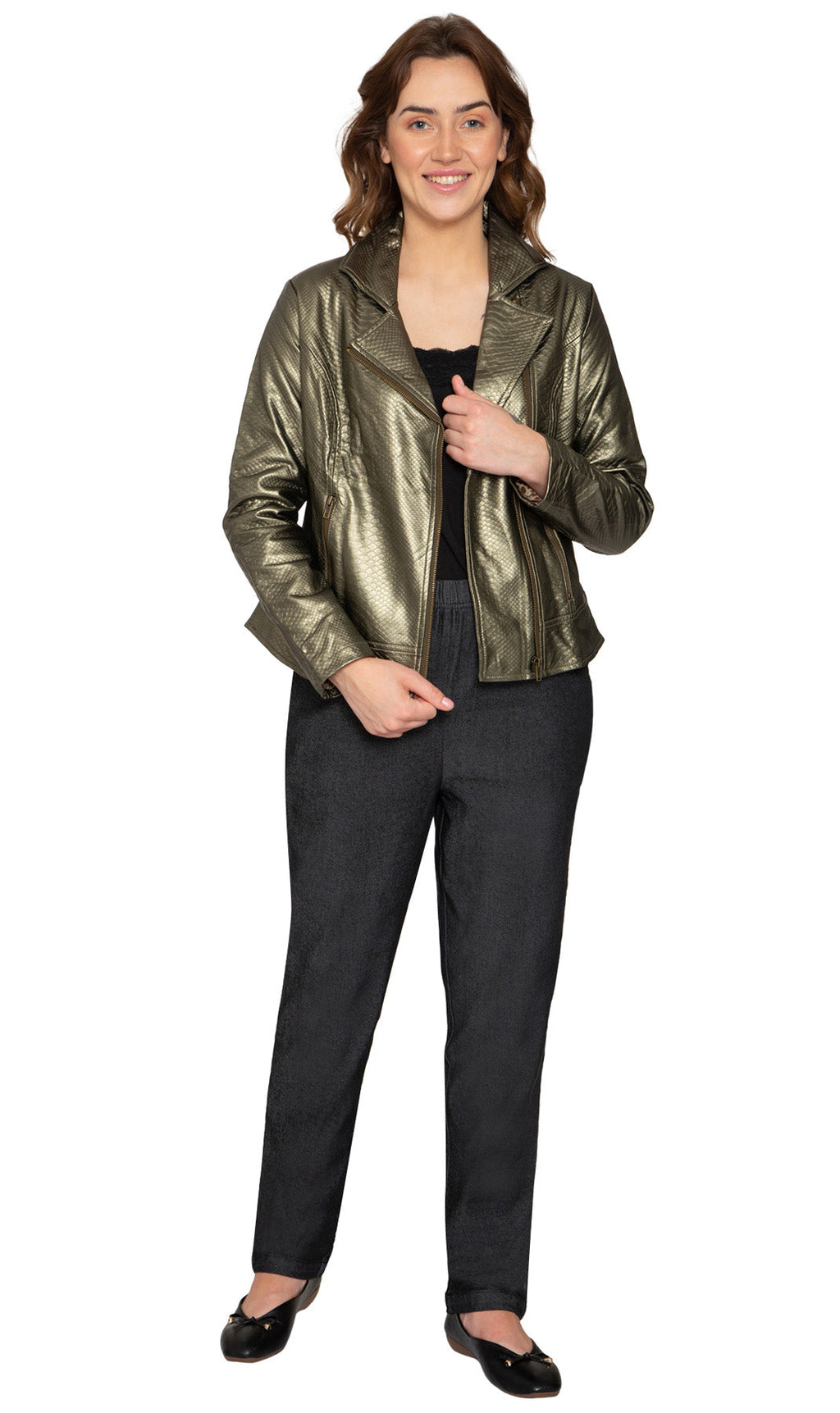 Women's Asymmetrical Zip Metallic Snake Pattern Moto Jacket