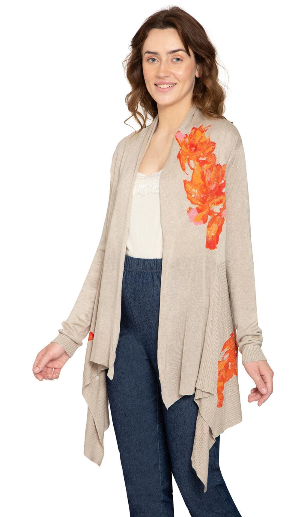 Women's Floral Embellished Open Front Long Cardigan