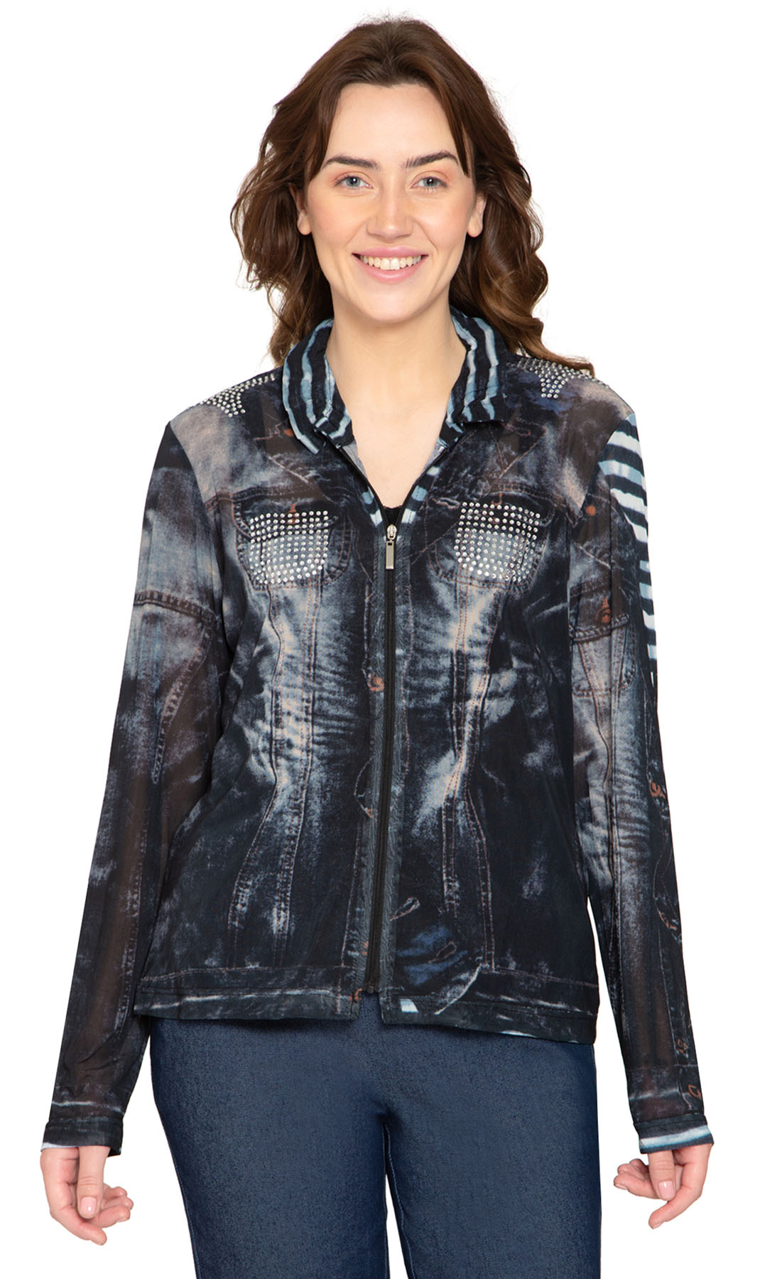 Women's Zip Front Mesh Denim Look Printed Jacket
