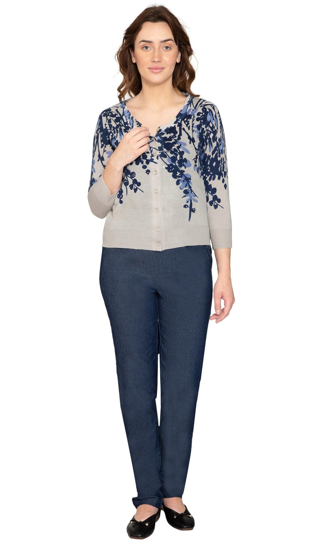 Women's 3/4 Sleeve Printed and Embellished Knit Cardigan
