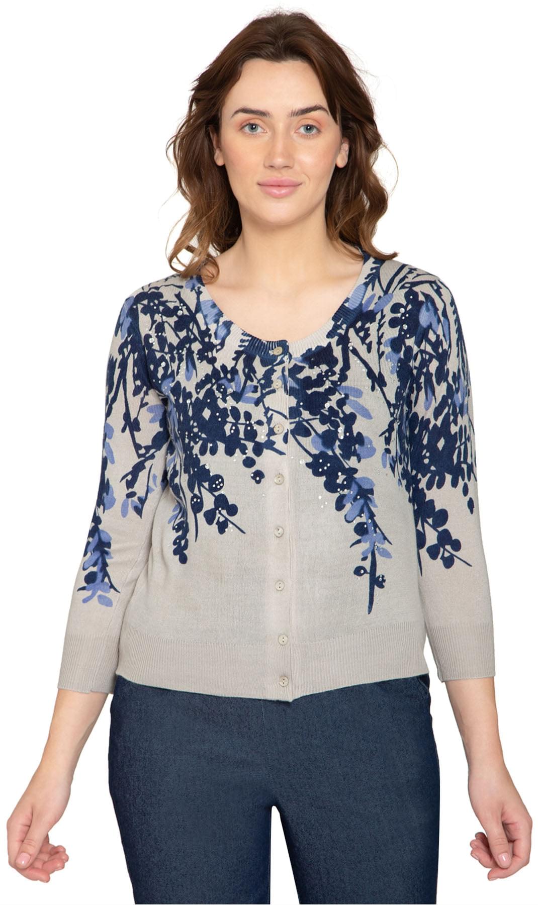 Women's 3/4 Sleeve Printed and Embellished Knit Cardigan