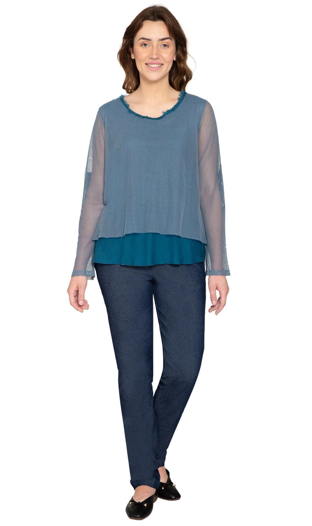 Women's High-Low Hem Mesh Layered Knit Top