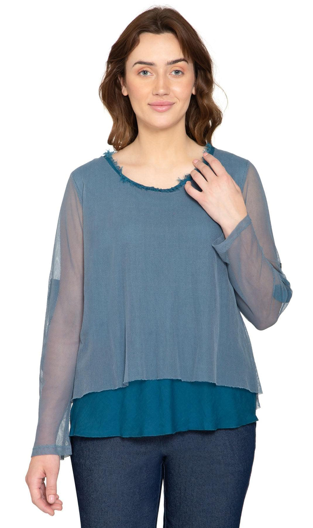 Women's High-Low Hem Mesh Layered Knit Top