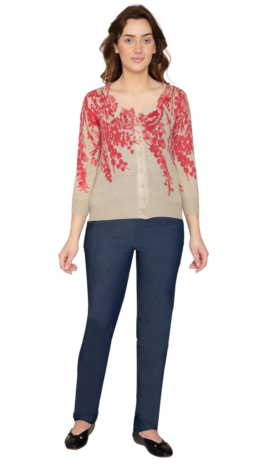 Women's 3/4 Sleeve Printed and Embellished Knit Cardigan