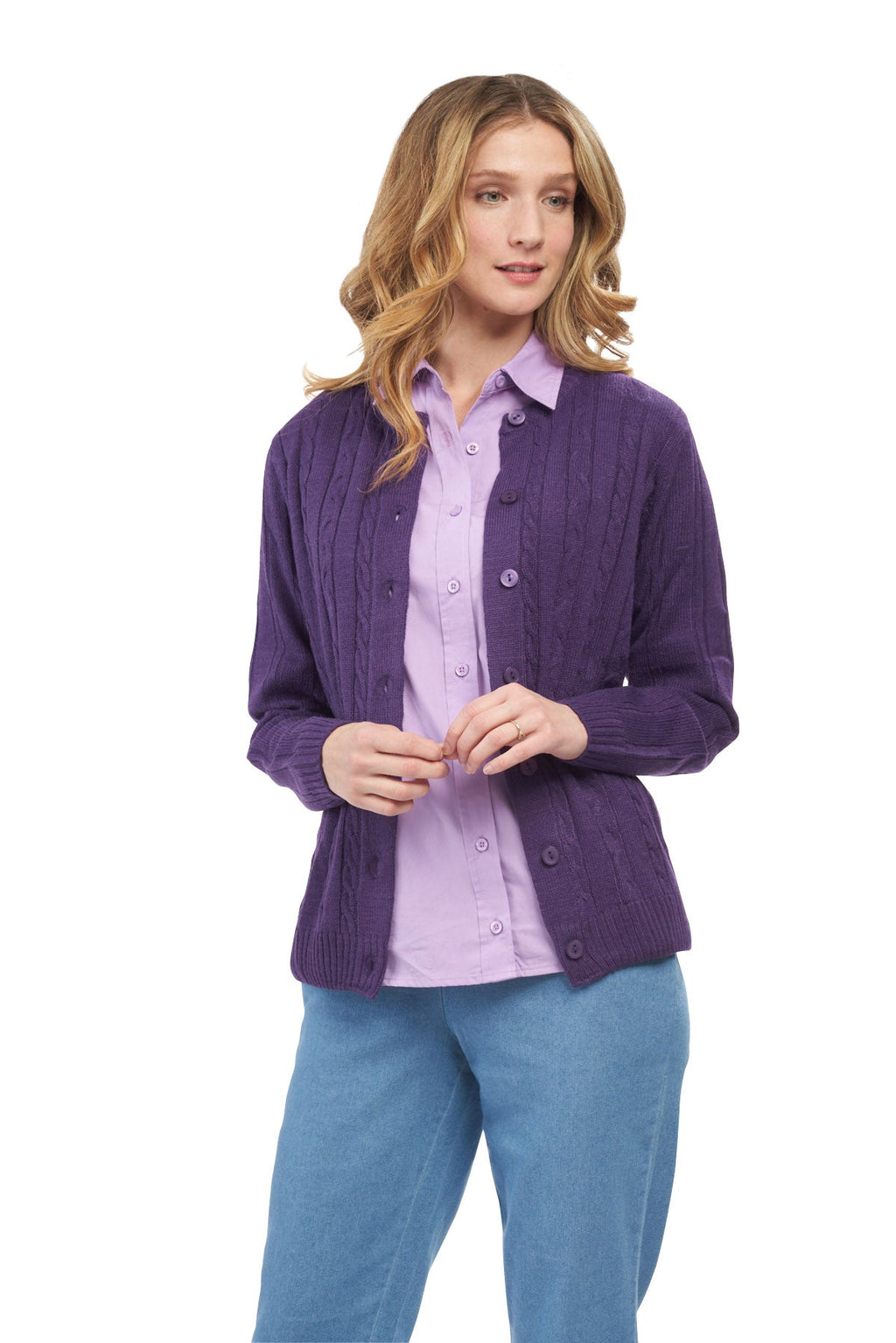 Women's Classic Button Front Cable Knit Cardigan — Soft Acrylic