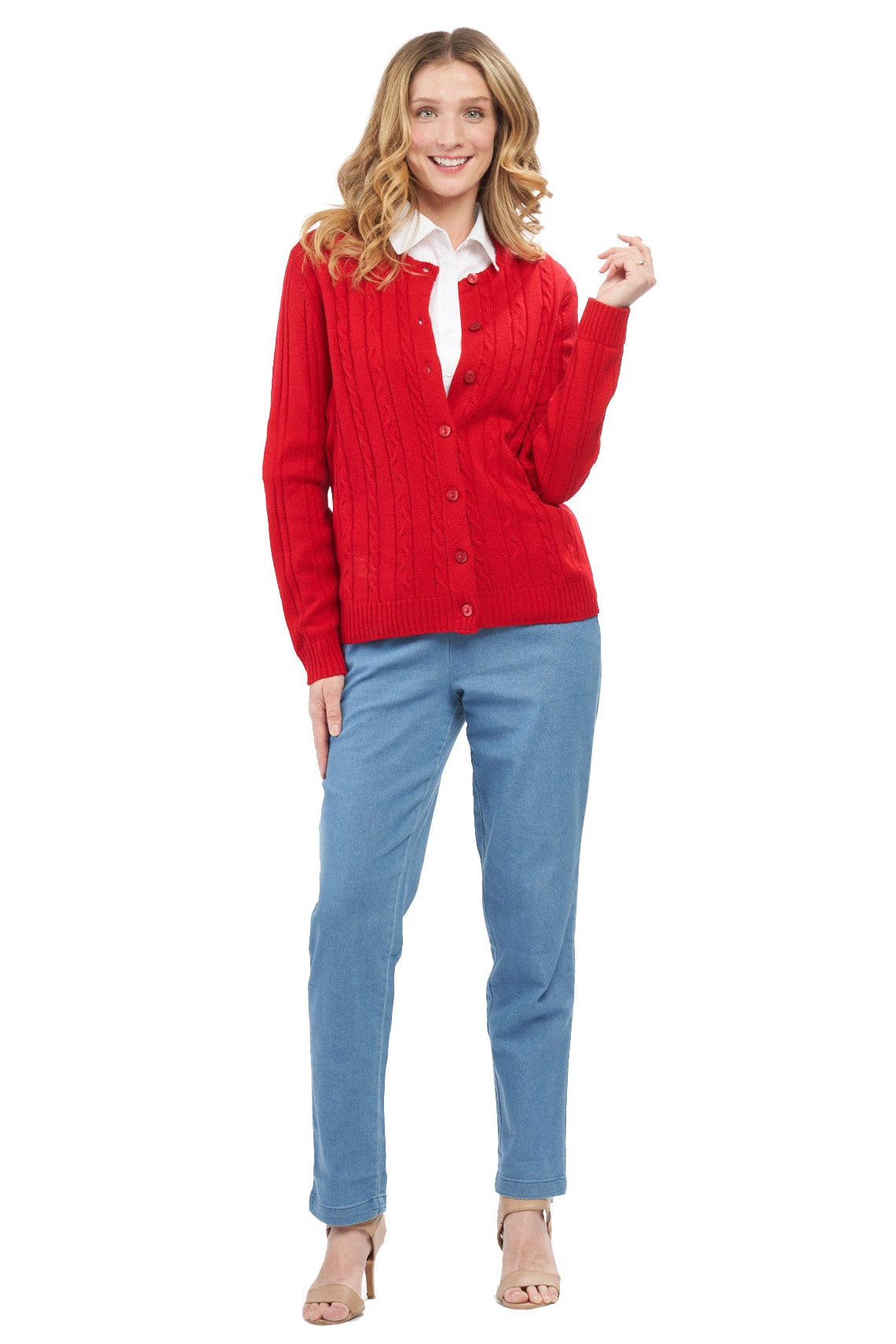 Women's Classic Button Front Cable Knit Cardigan — Soft Acrylic
