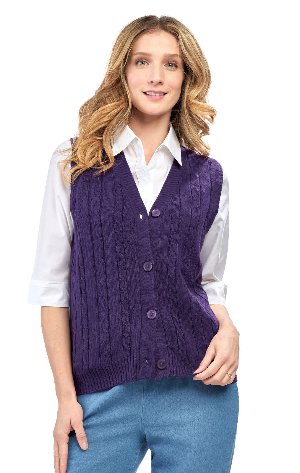Women's Cable Knit Cardigan Sweater Vest — Button Front