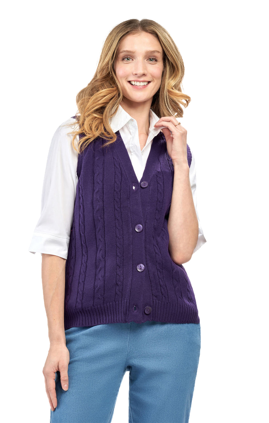 Women's Cable Knit Cardigan Sweater Vest — Button Front