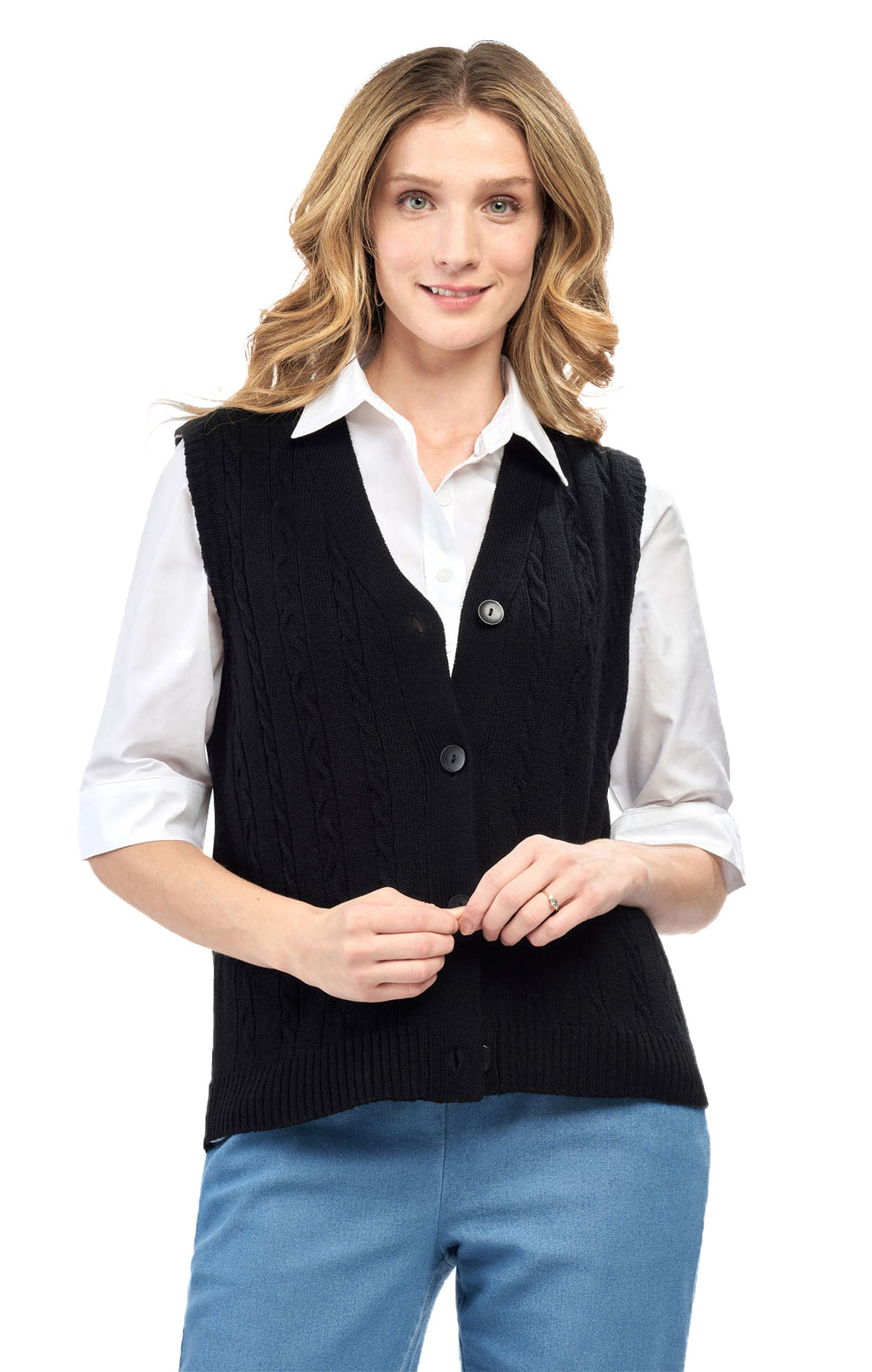 Women's Cable Knit Cardigan Sweater Vest — Button Front