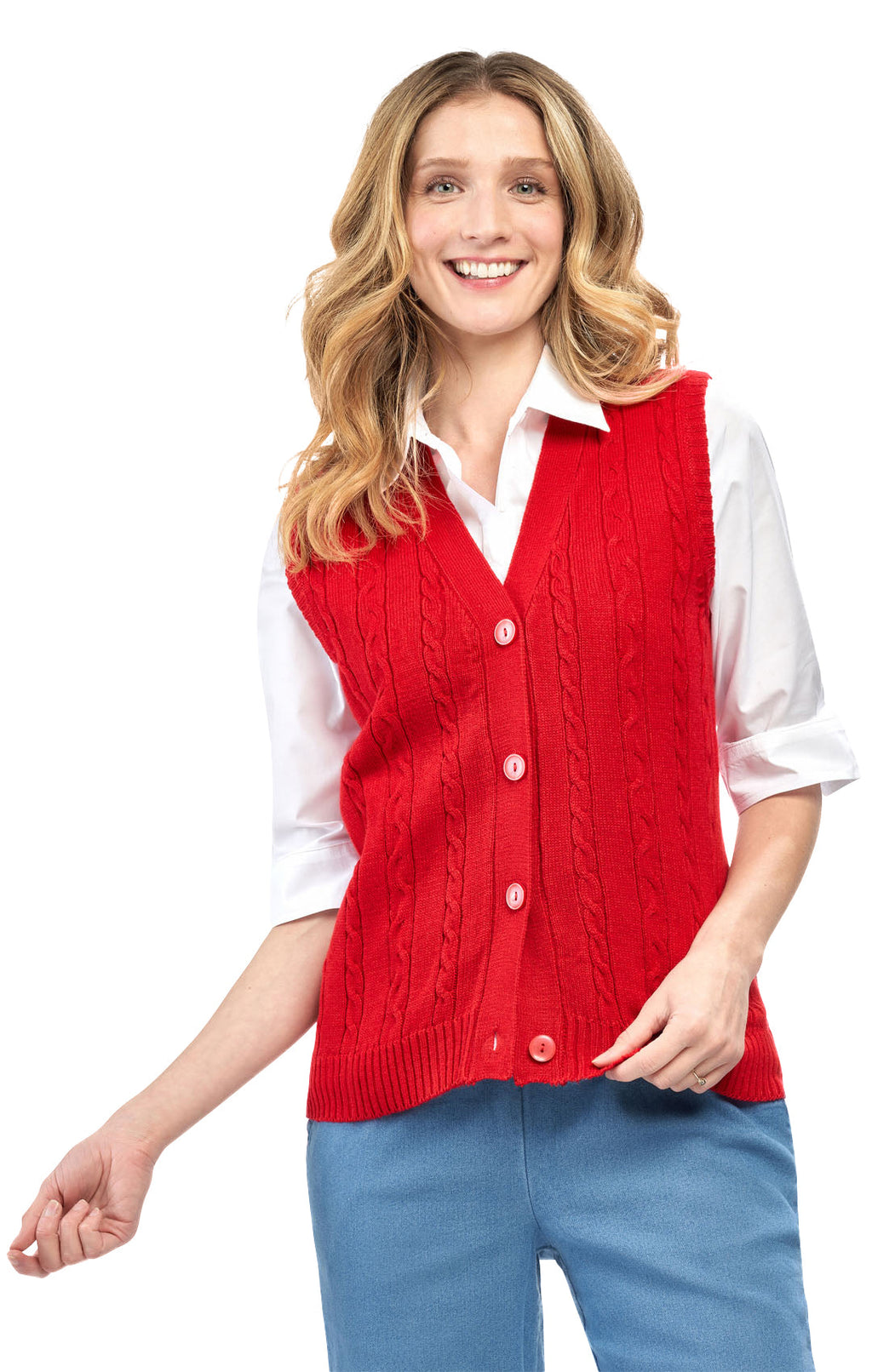 Women's Cable Knit Cardigan Sweater Vest — Button Front