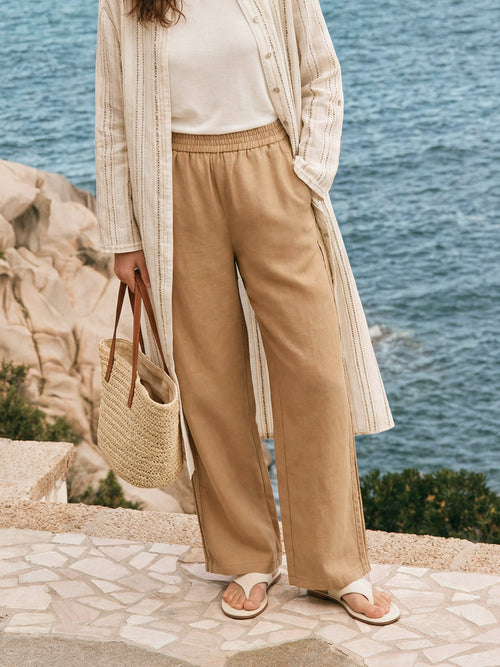 100% Linen Hemstitch Wide Leg Trousers LEONTINE