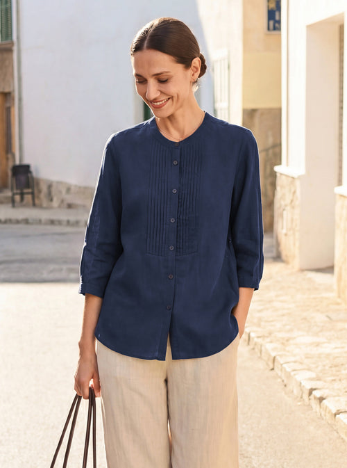 Camisa RANA 100 % Lino con Pliegues de Acordeón Esculpidos y Cuello Redondo