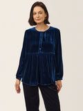 100% Silk Velvet Gathered Waist Half Placket Top MIRELLE
