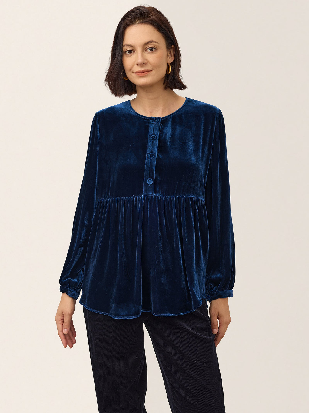 100% Silk Velvet Gathered Waist Half Placket Top MIRELLE