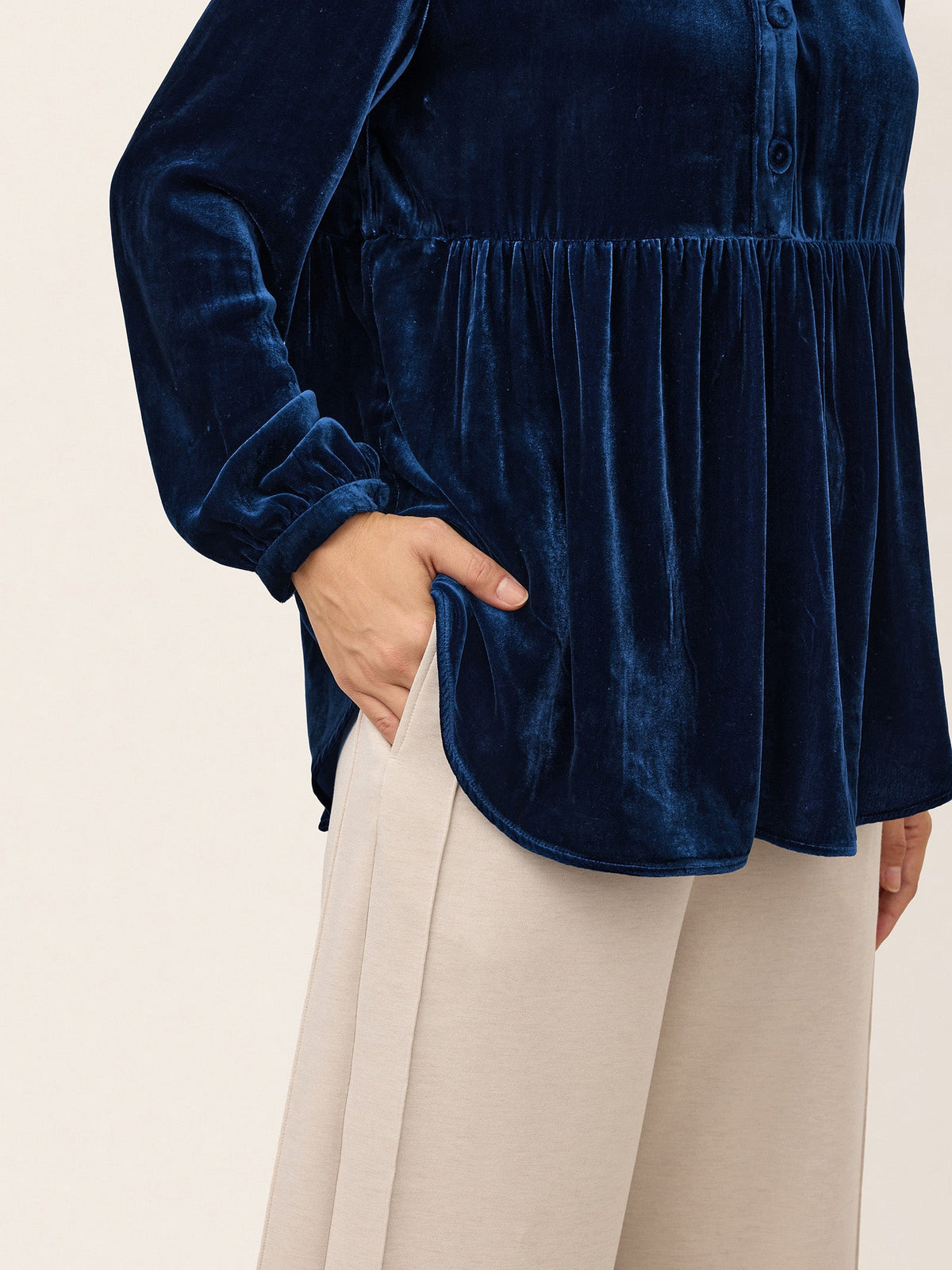 100% Silk Velvet Gathered Waist Half Placket Top MIRELLE