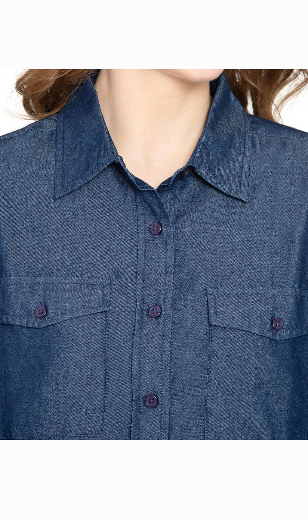 Women's Long Sleeve Button Down Denim Shirt with Front Pocket