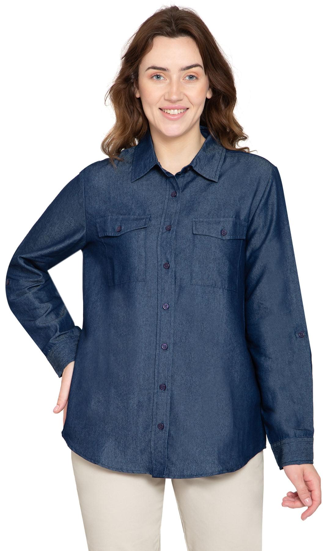 Women's Long Sleeve Button Down Denim Shirt with Front Pocket