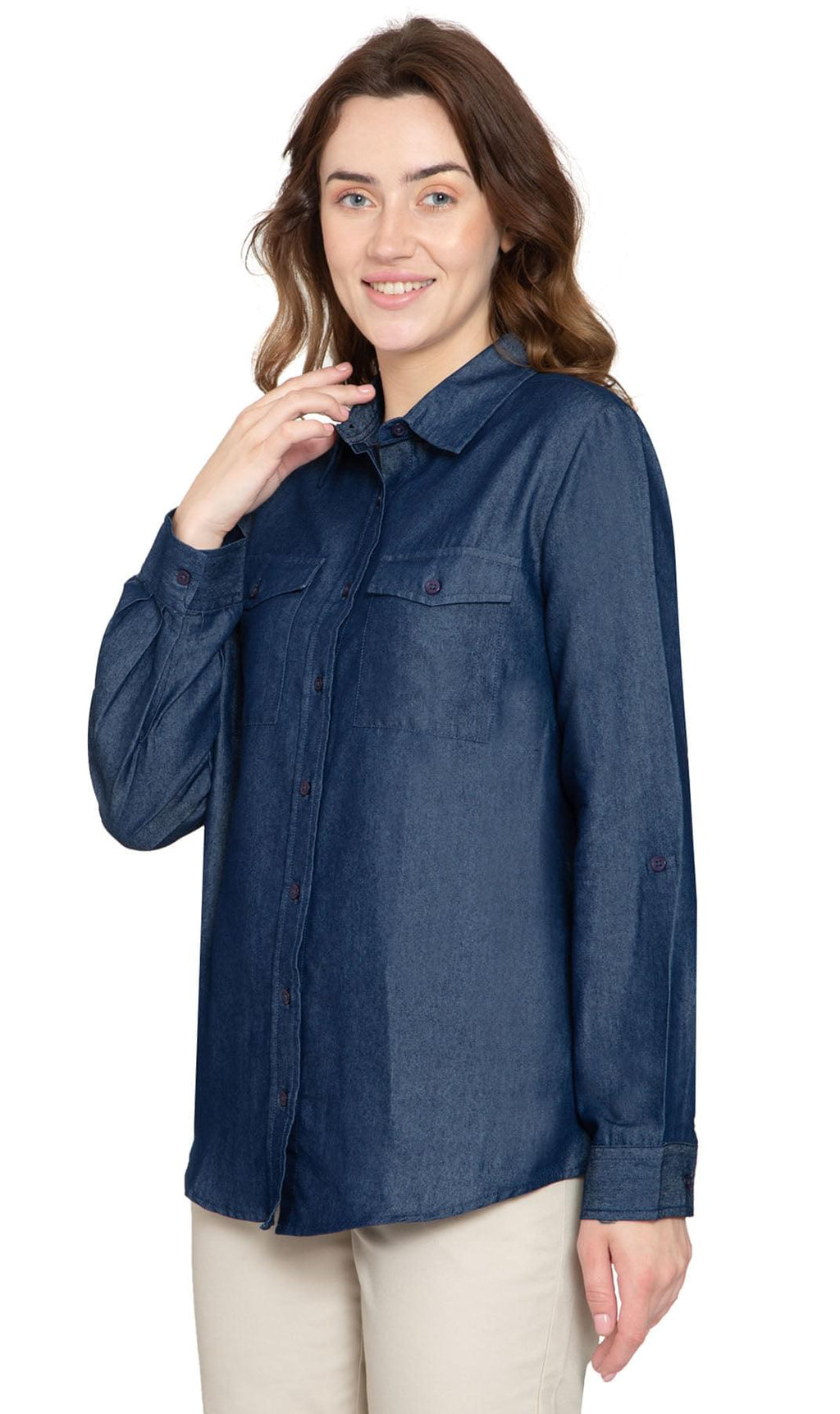 Women's Long Sleeve Button Down Denim Shirt with Front Pocket