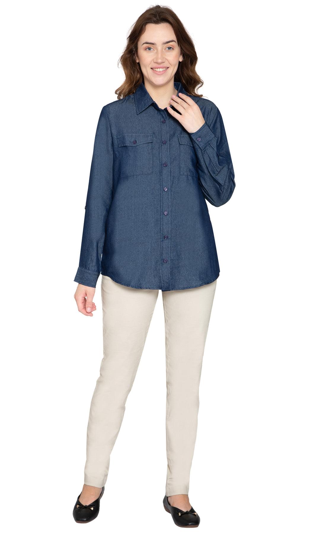 Women's Long Sleeve Button Down Denim Shirt with Front Pocket