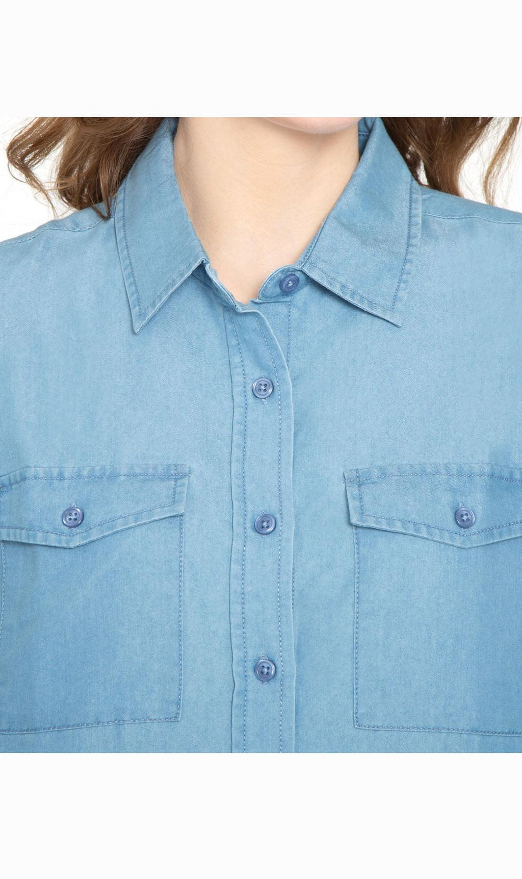 Women's Long Sleeve Button Down Denim Shirt with Front Pocket