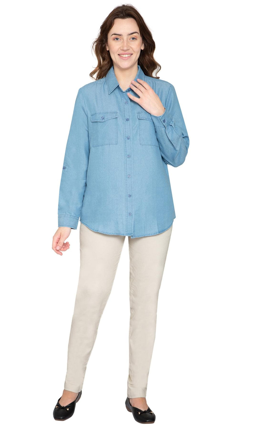 Women's Long Sleeve Button Down Denim Shirt with Front Pocket