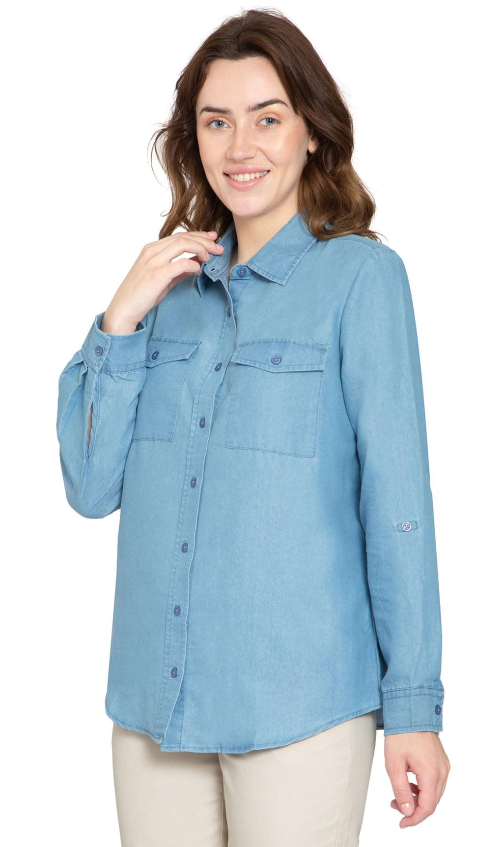 Women's Long Sleeve Button Down Denim Shirt with Front Pocket