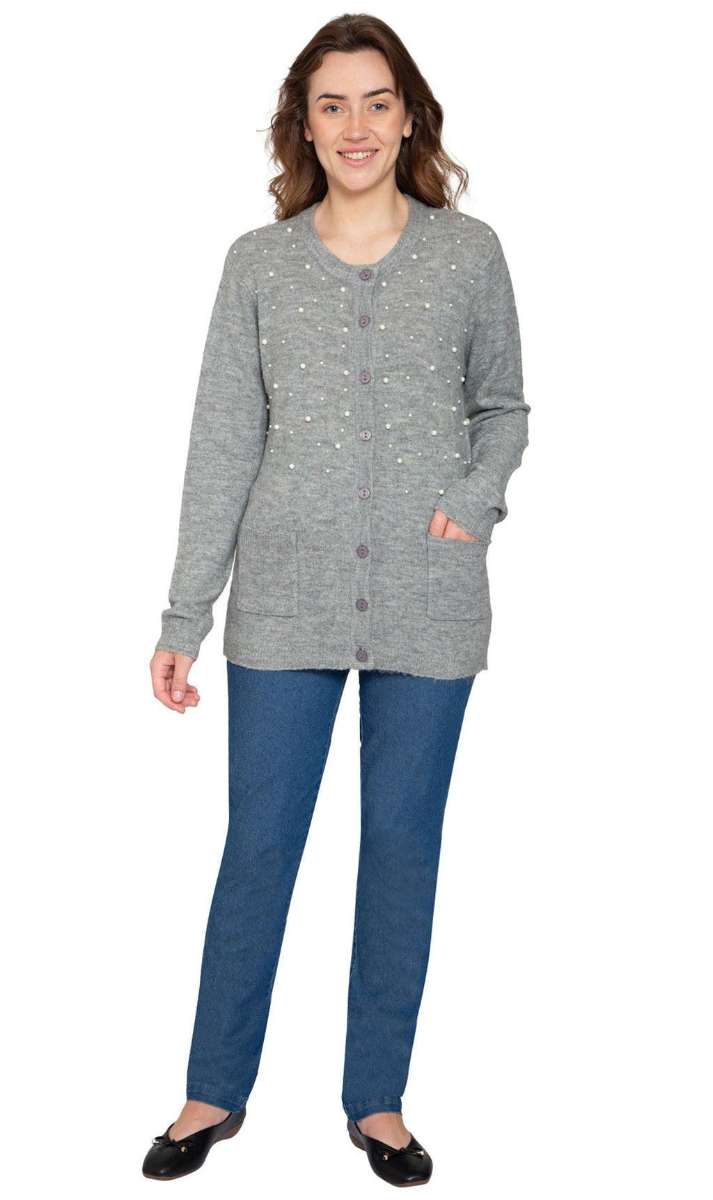 Women's Faux Pearl Button Cardigan — Cashmere-Like Soft Knit