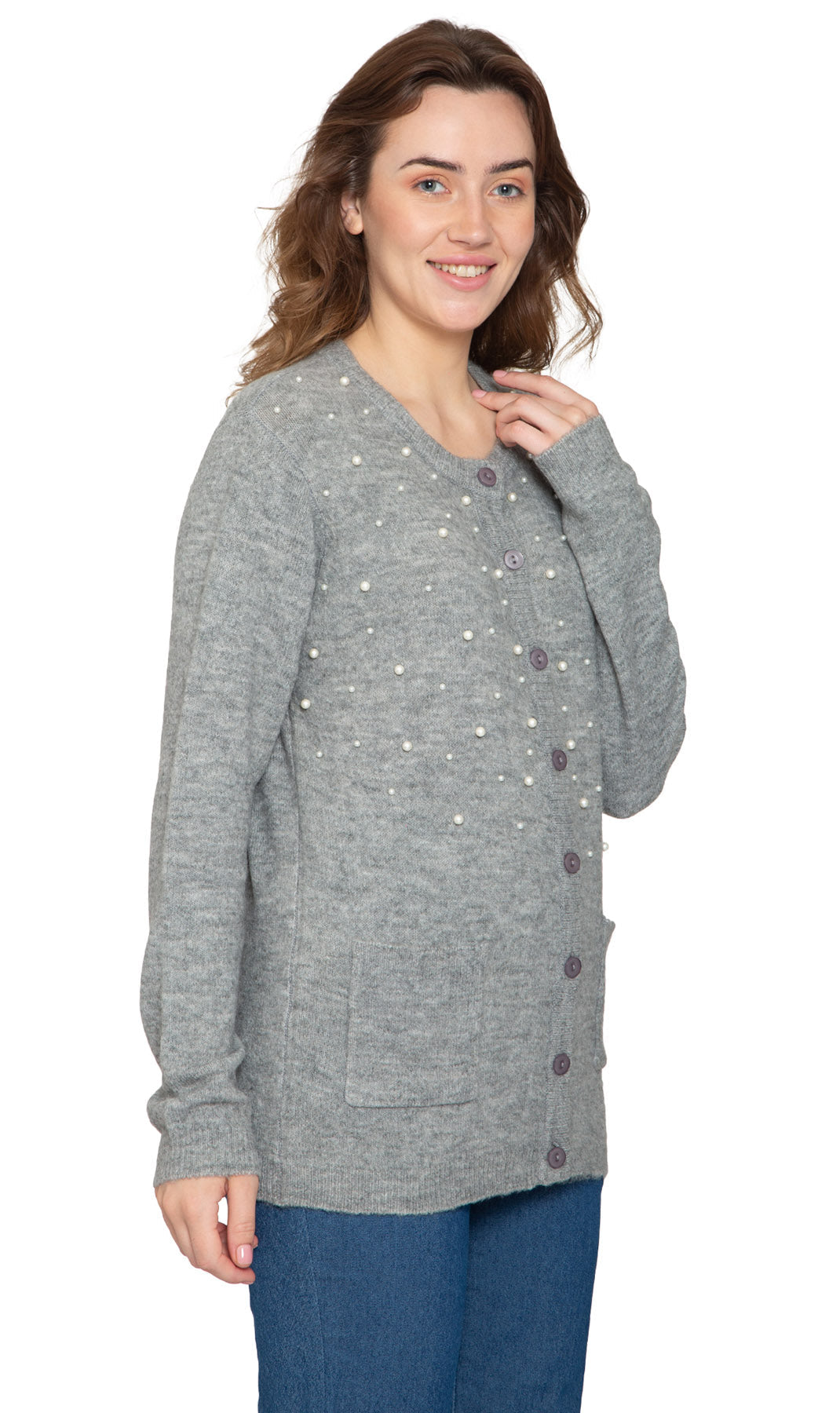 Women's Faux Pearl Button Cardigan — Cashmere-Like Soft Knit